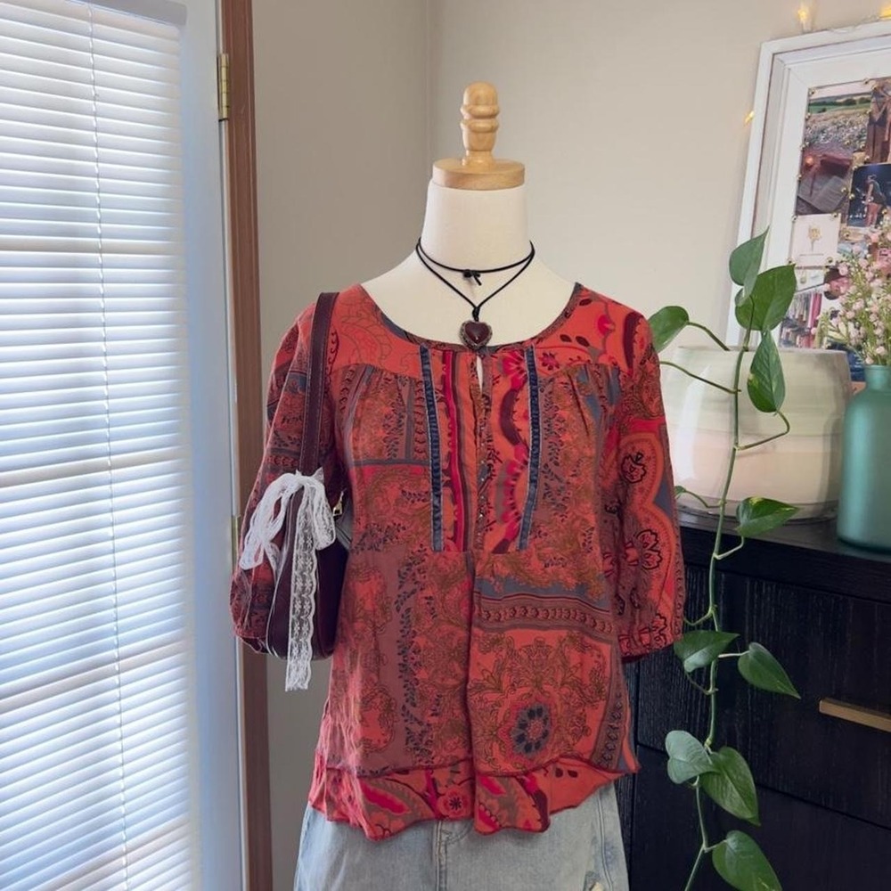 Paisley Boho Patchwork Style Blouse Size Large Hippie Festival Fairy - Picture 2 of 8